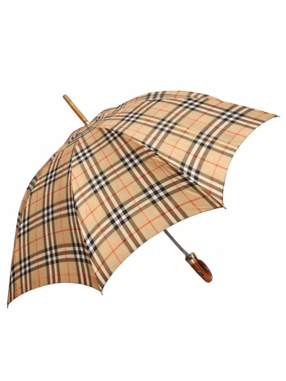 Burberry Women's Beige Checks Wooden Handle Compact Folding Umbrella / COA